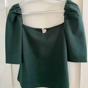 H&M Dark Green Puff-Sleeve Top with Princess Neckline Medium